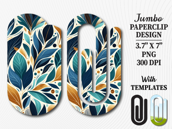 Blue Gold Leaf Floral Jumbo Paperclip