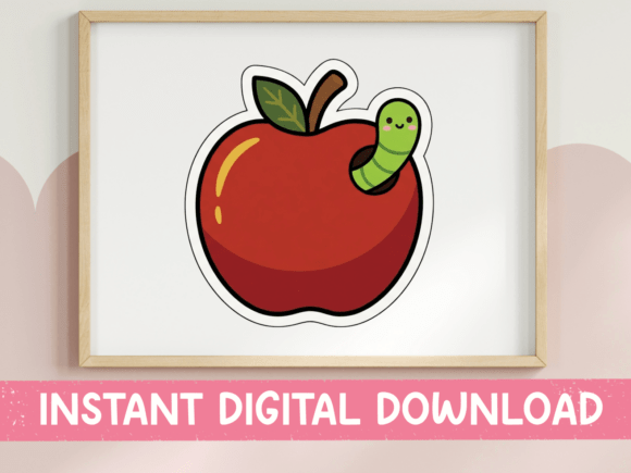 Red Apple with Worm Sticker Design